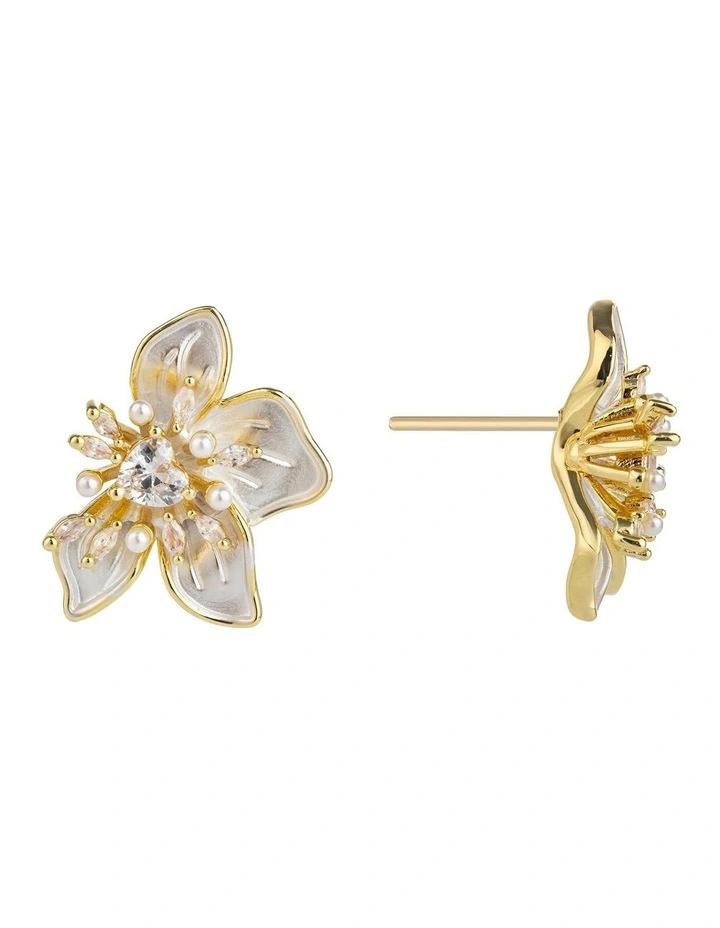 Enamel Look Fower Earrings With Micro Pearls GJEC084M in Gold image 2