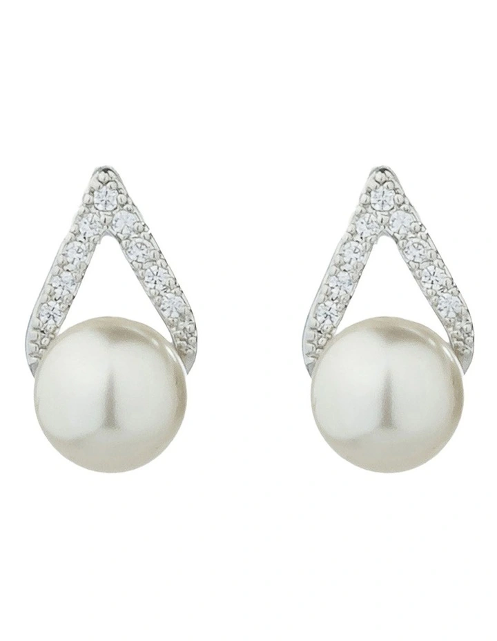 Gregory Ladner Pearl Stud Earrings With CZ Detail GJEF001M in Rhodium image 1