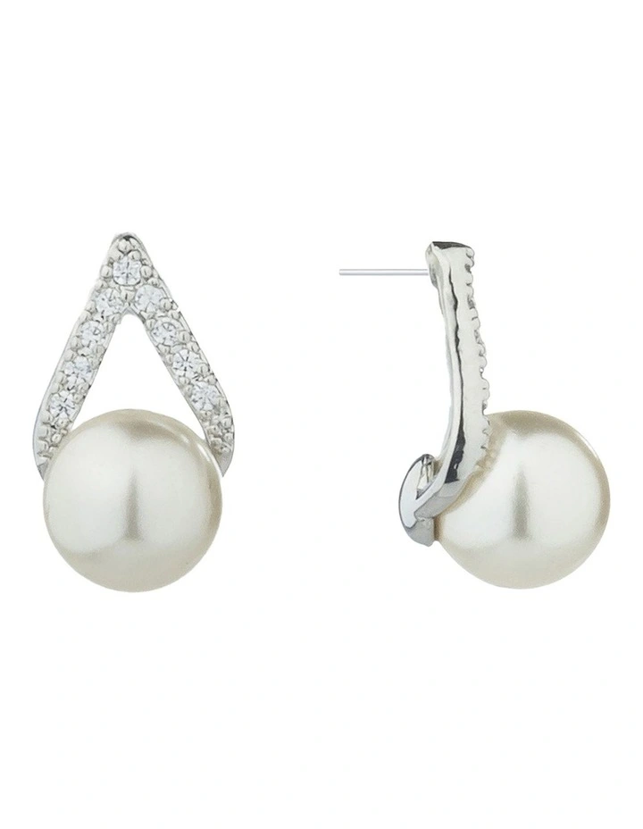 Gregory Ladner Pearl Stud Earrings With CZ Detail GJEF001M in Rhodium image 2