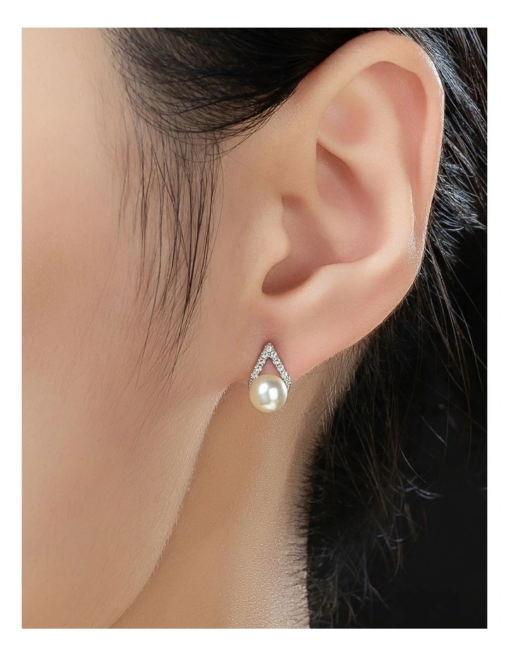 Gregory Ladner Pearl Stud Earrings With CZ Detail GJEF001M in Rhodium image 3