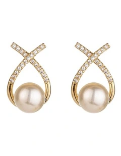 Gregory Ladner CZ Crossover Pearl Stud Earrings in Signature Box in Gold