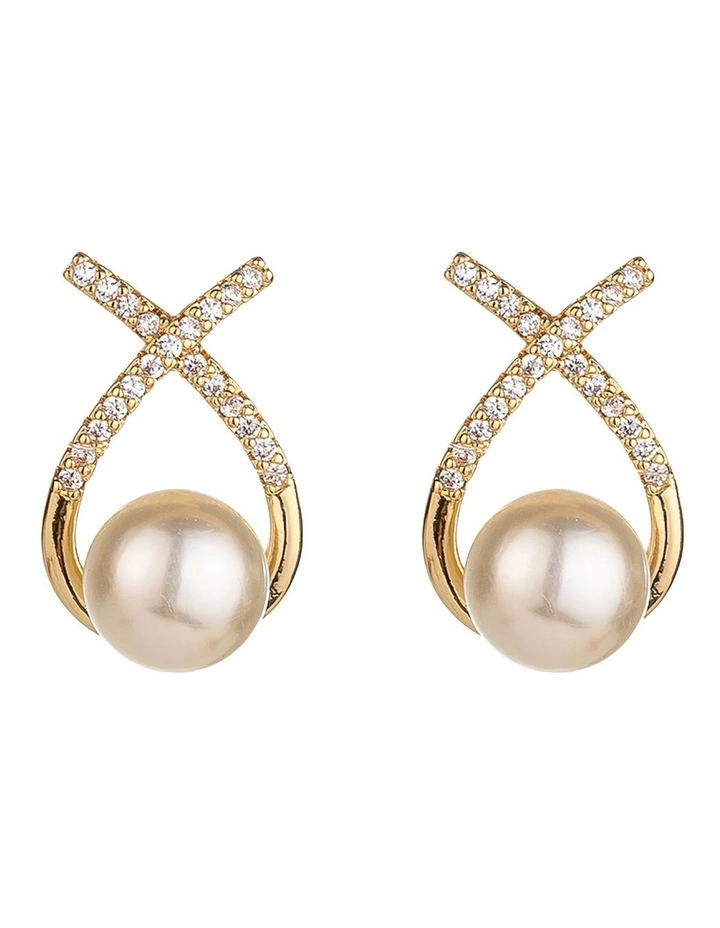 Gregory Ladner CZ Crossover Pearl Stud Earrings in Signature Box in Gold image 1