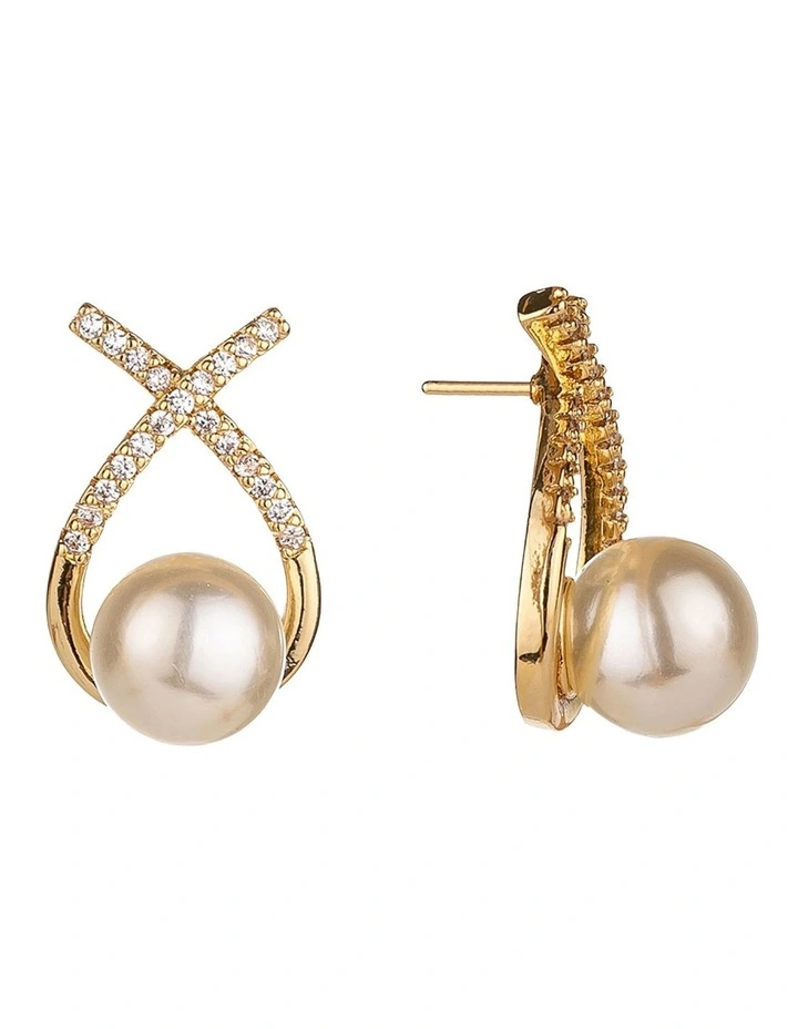 Gregory Ladner CZ Crossover Pearl Stud Earrings in Signature Box in Gold image 2