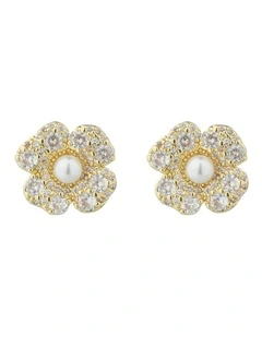 Gregory Ladner Flower CZ Stud Earrings With Pearl Centre GJEF144M in Gold