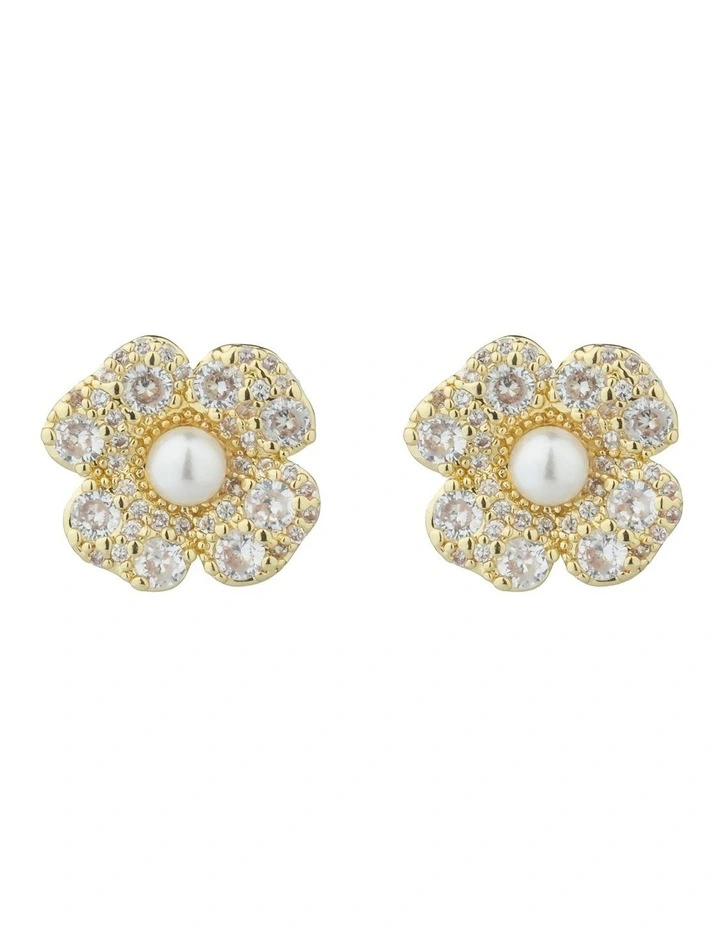 Gregory Ladner Flower CZ Stud Earrings With Pearl Centre GJEF144M in Gold image 1