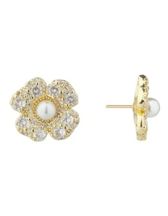 Gregory Ladner Flower CZ Stud Earrings With Pearl Centre GJEF144M in Gold