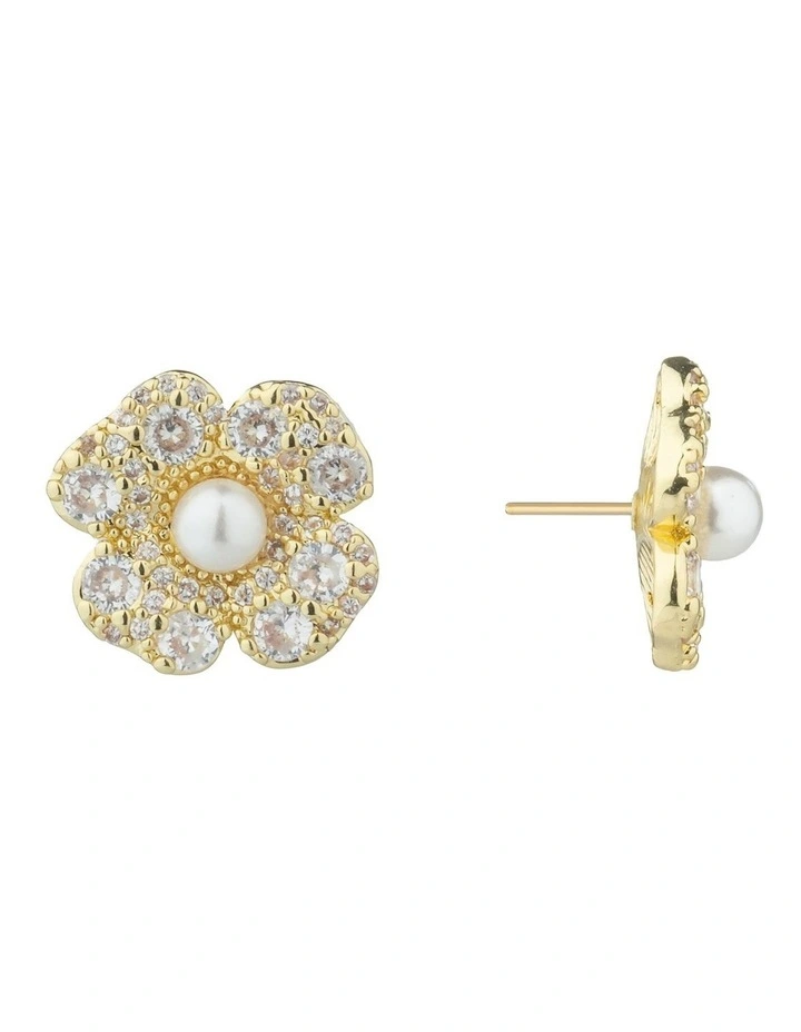 Gregory Ladner Flower CZ Stud Earrings With Pearl Centre GJEF144M in Gold image 1