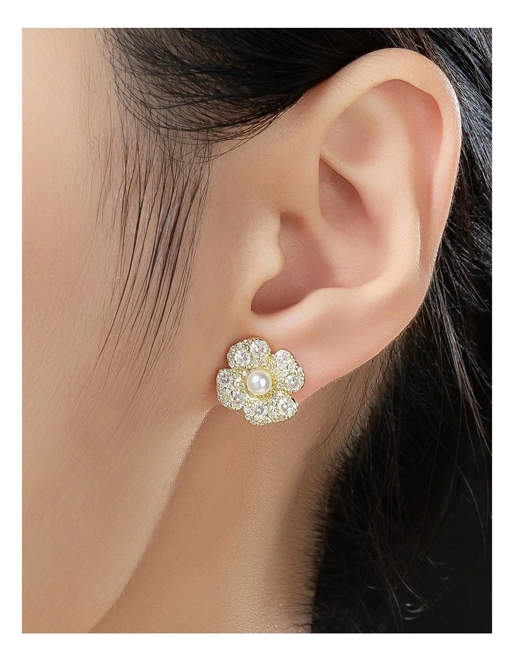 Gregory Ladner Flower CZ Stud Earrings With Pearl Centre GJEF144M in Gold image 3