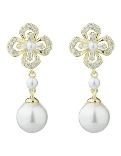 Gregory Ladner Floral CZ Earrings With Pearl Drop GJEF161M in Gold