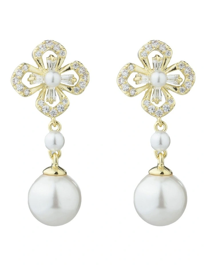 Gregory Ladner Floral CZ Earrings With Pearl Drop GJEF161M in Gold image 1