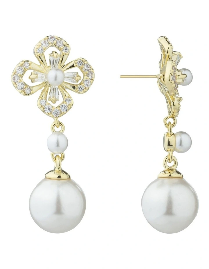 Gregory Ladner Floral CZ Earrings With Pearl Drop GJEF161M in Gold image 2