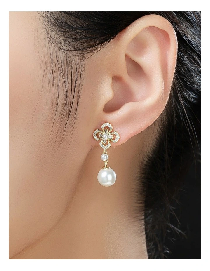 Gregory Ladner Floral CZ Earrings With Pearl Drop GJEF161M in Gold image 3