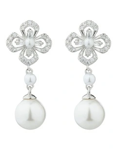 Gregory Ladner Floral CZ Earrings With Pearl Drop GJEF161M in Rhodium