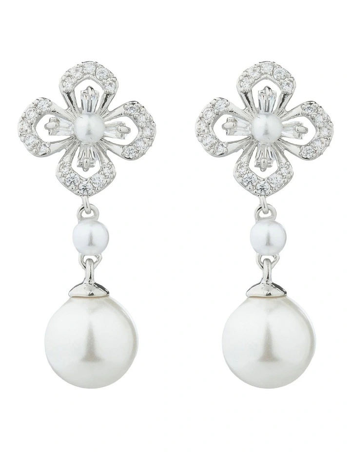 Gregory Ladner Floral CZ Earrings With Pearl Drop GJEF161M in Rhodium image 1