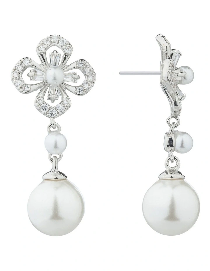 Gregory Ladner Floral CZ Earrings With Pearl Drop GJEF161M in Rhodium image 2