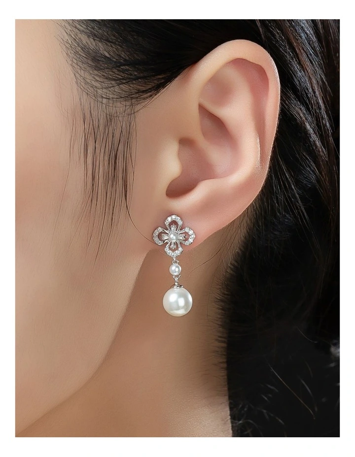 Gregory Ladner Floral CZ Earrings With Pearl Drop GJEF161M in Rhodium image 3