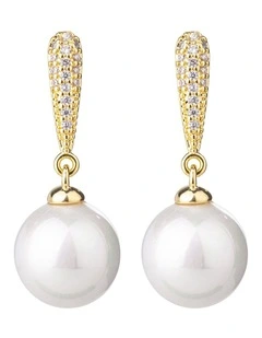 Gregory Ladner Pearl Drop Earrings With CZ Arm GJEF166M in Gold