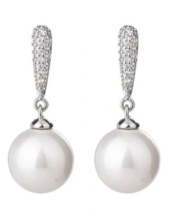 Gregory Ladner Pearl Drop Earrings With CZ Arm GJEF166M in Rhodium