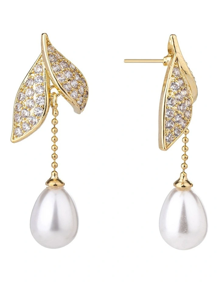Gregory Ladner CZ Leaf Earring With Pearl Drop GJEF168M in Gold image 2
