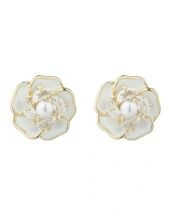 Gregory Ladner Enamel Flower Stud Earrings With CZ And Pearl GJEF170M in Gold