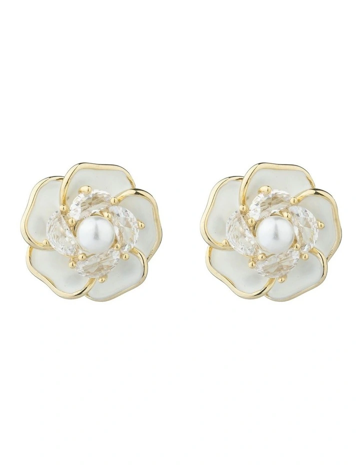 Gregory Ladner Enamel Flower Stud Earrings With CZ And Pearl GJEF170M in Gold image 1