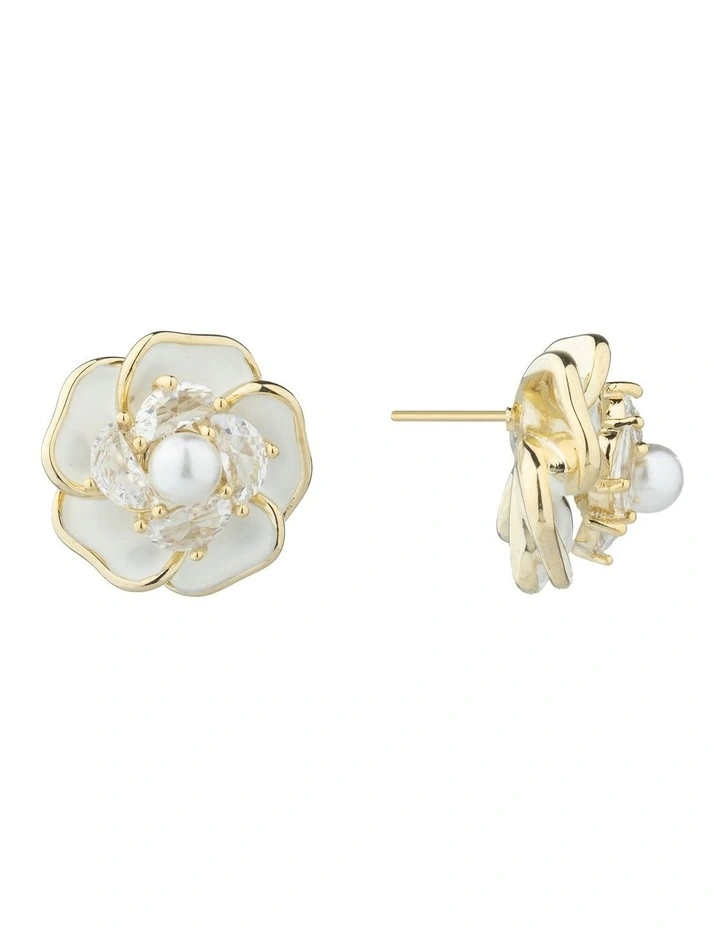 Gregory Ladner Enamel Flower Stud Earrings With CZ And Pearl GJEF170M in Gold image 2