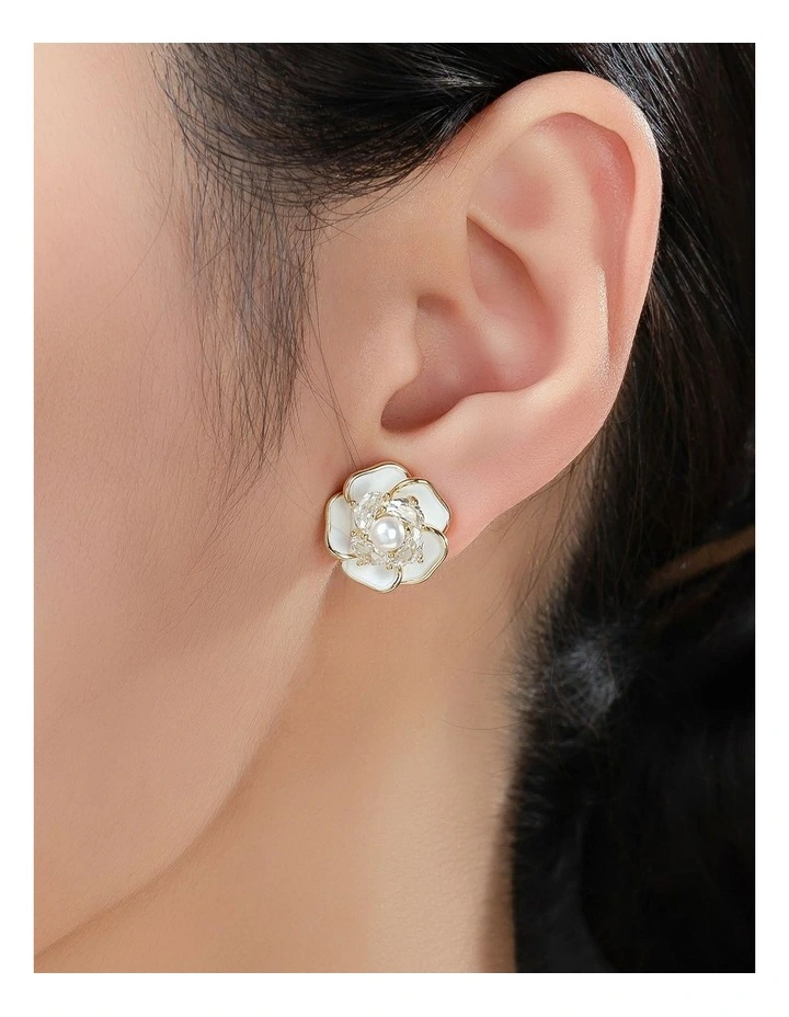 Gregory Ladner Enamel Flower Stud Earrings With CZ And Pearl GJEF170M in Gold image 3