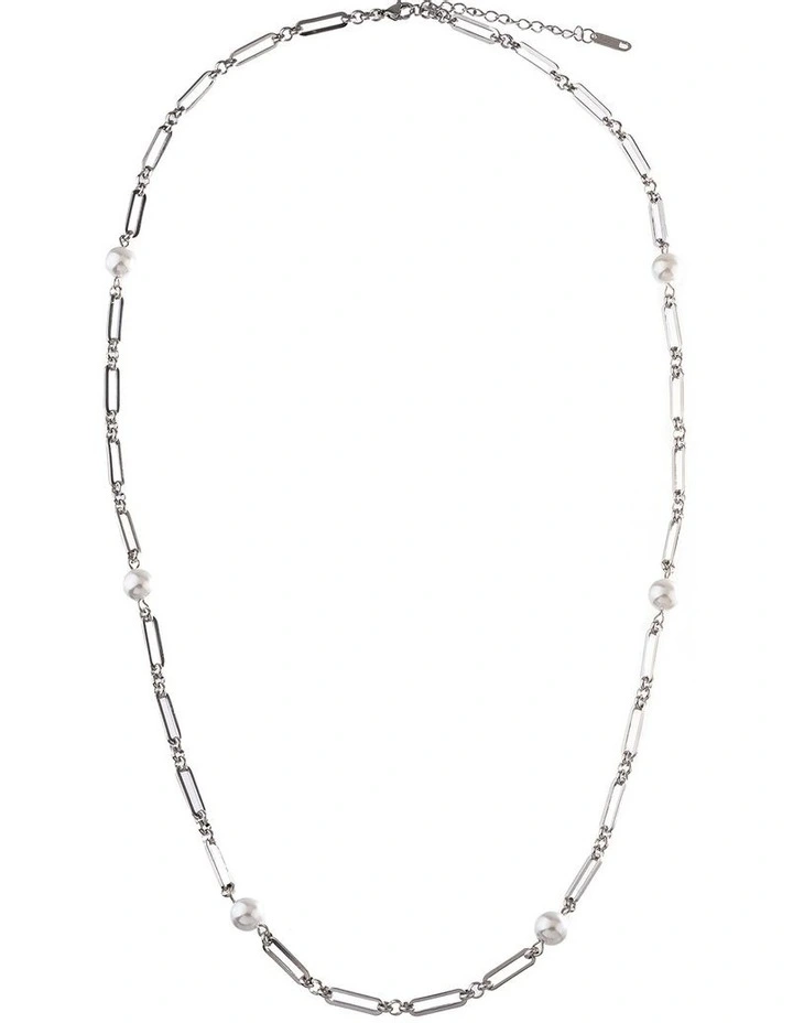 GJND004M - Long Link Pearl Necklace in Rhodium image 1