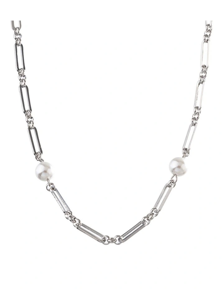 GJND004M - Long Link Pearl Necklace in Rhodium image 2