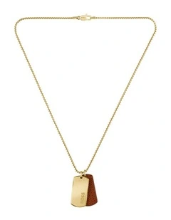 Devon Ionic Plated Thin Steel & Brown Leather Pendant With Chain in Gold