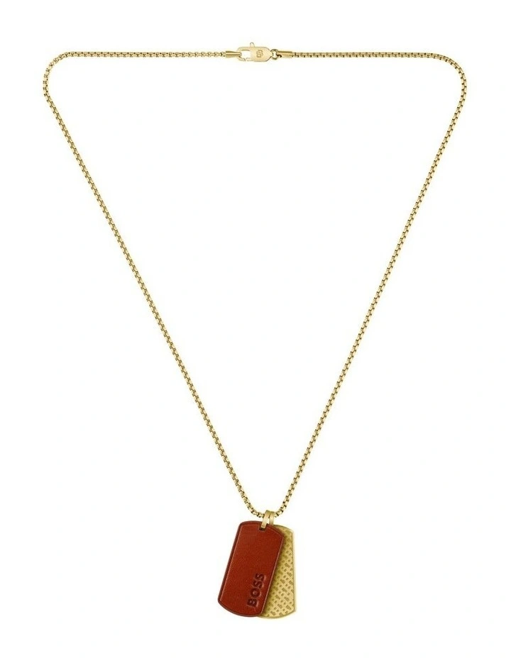 Devon Ionic Plated Thin Steel & Brown Leather Pendant With Chain in Gold image 2