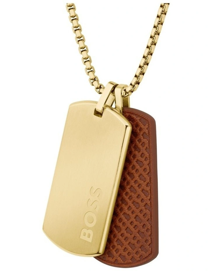 Devon Ionic Plated Thin Steel & Brown Leather Pendant With Chain in Gold image 3