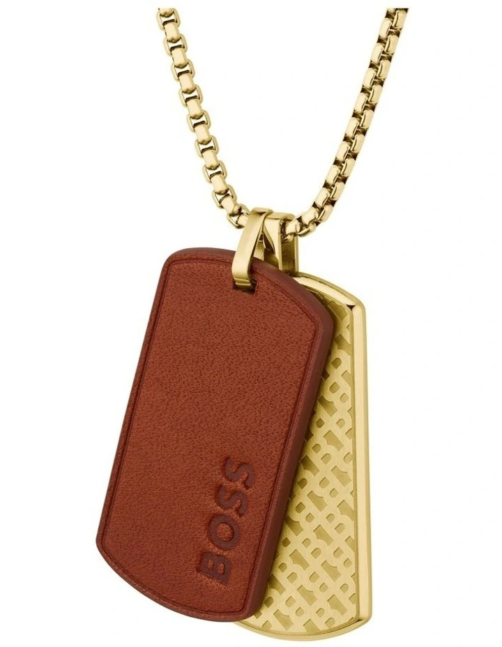 Devon Ionic Plated Thin Steel & Brown Leather Pendant With Chain in Gold image 4