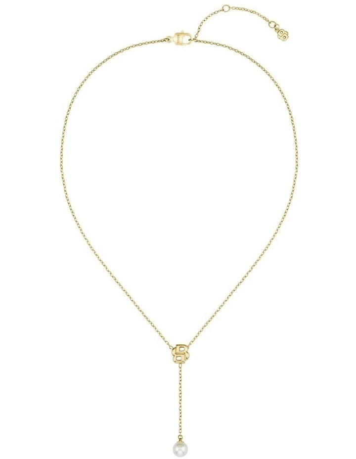 Double Mirelle Ionic Plated Thin Steel & Faux Pearls Dangle Necklace in Gold image 1