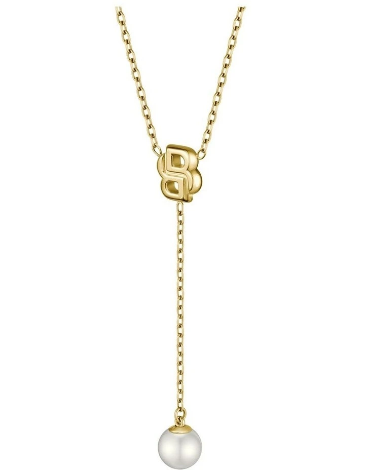 Double Mirelle Ionic Plated Thin Steel & Faux Pearls Dangle Necklace in Gold image 2