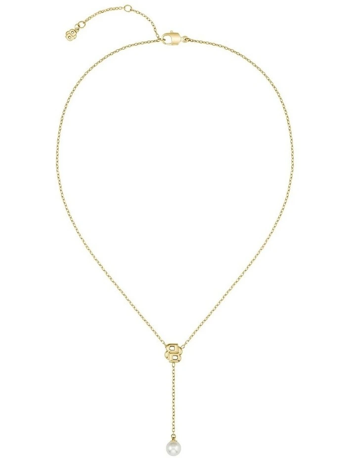 Double Mirelle Ionic Plated Thin Steel & Faux Pearls Dangle Necklace in Gold image 3