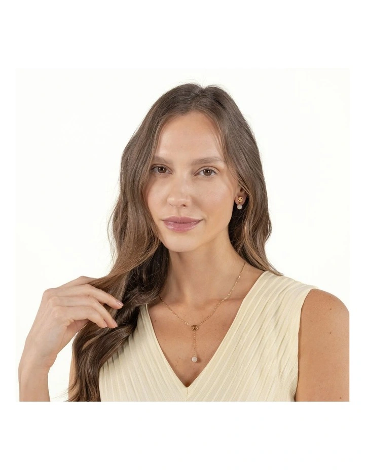 Double Mirelle Ionic Plated Thin Steel & Faux Pearls Dangle Necklace in Gold image 4