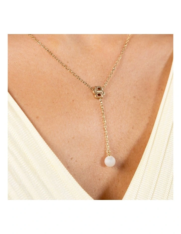 Double Mirelle Ionic Plated Thin Steel & Faux Pearls Dangle Necklace in Gold image 5