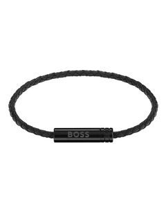 Black Steel & Black Leather Men's Leather Bracelet