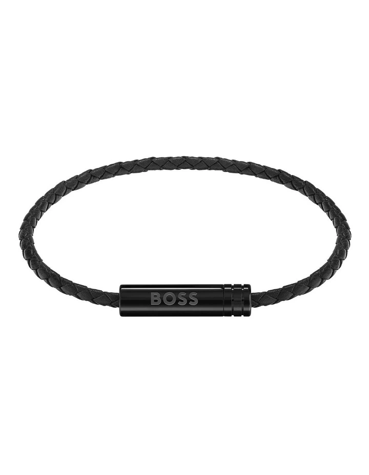 Black Steel & Black Leather Men's Leather Bracelet image 1