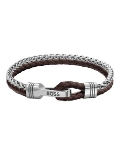 Stainless Steel & Brown Leather Men's Chain & Leather Bracelet