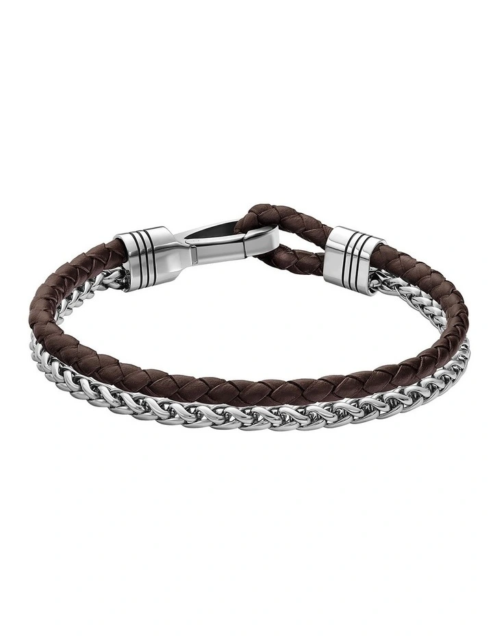 Stainless Steel & Brown Leather Men's Chain & Leather Bracelet image 2