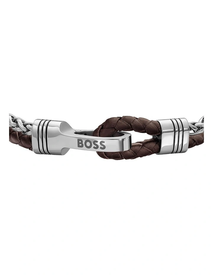 Stainless Steel & Brown Leather Men's Chain & Leather Bracelet image 3