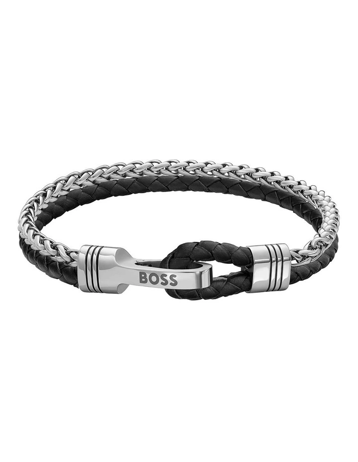 Stainless Steel & Brown Leather Men's Chain & Leather Bracelet image 1