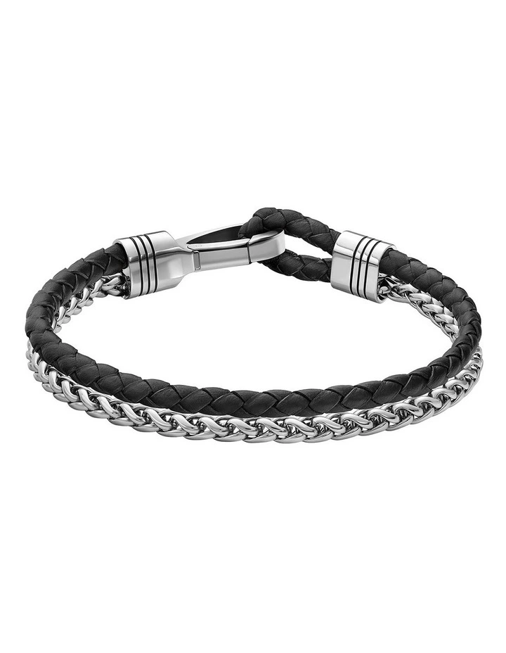 Stainless Steel & Brown Leather Men's Chain & Leather Bracelet image 2