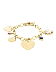 Gold Steel & Crystals & Blue Glass Women's Charm Bracelet