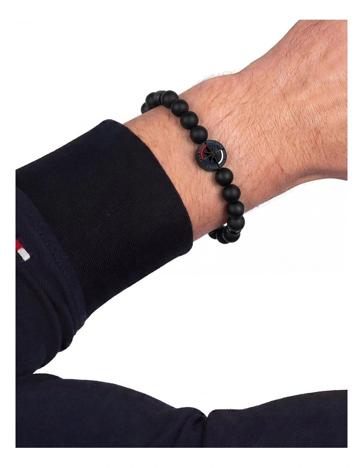 Black Steel & Black Onyx Bead & Black Elastic R Men's Bead Bracelet image 2