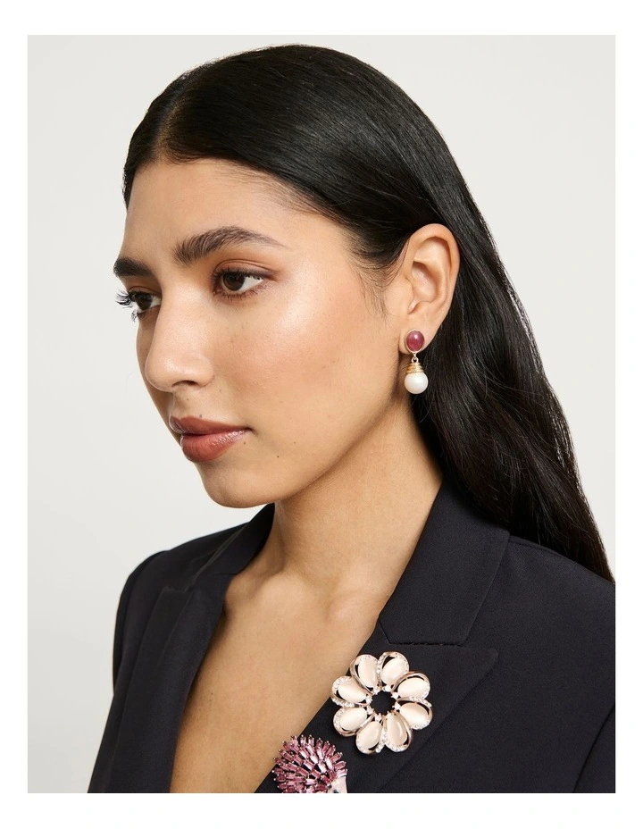 Cateye Stone Flower Brooch in Pink image 3