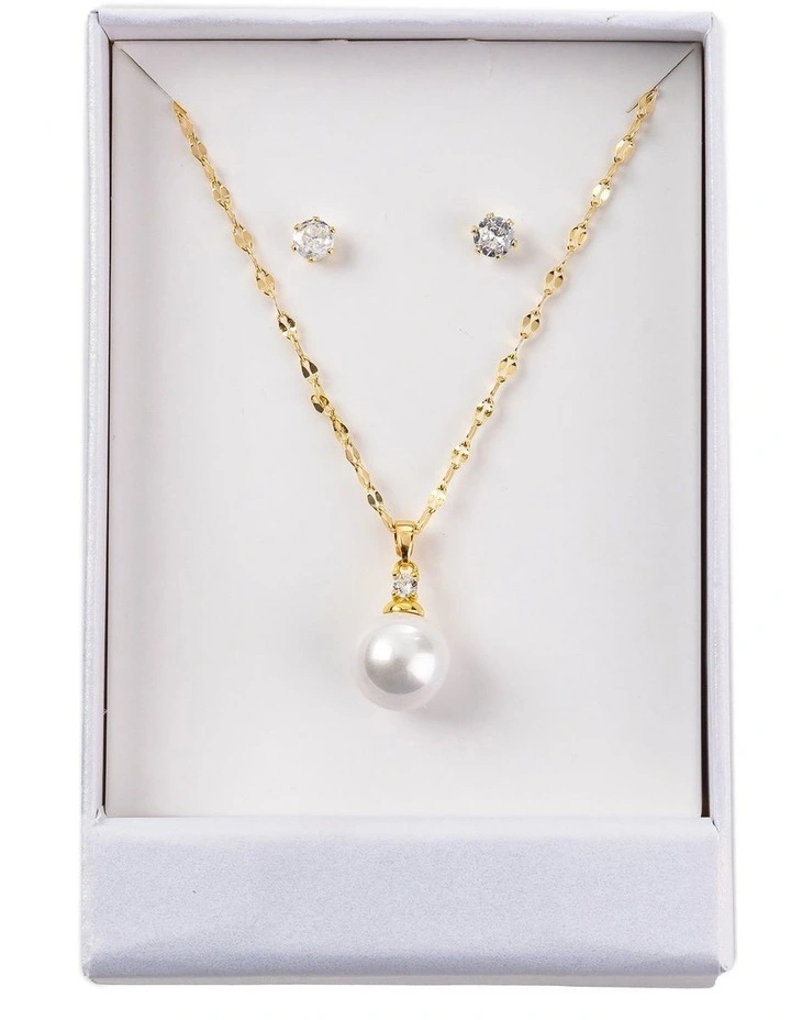 GJNE008M - CZ Stud And Necklace Set in Gold image 2