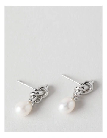 Pearl Drop Stud With Knot Earring in Silver